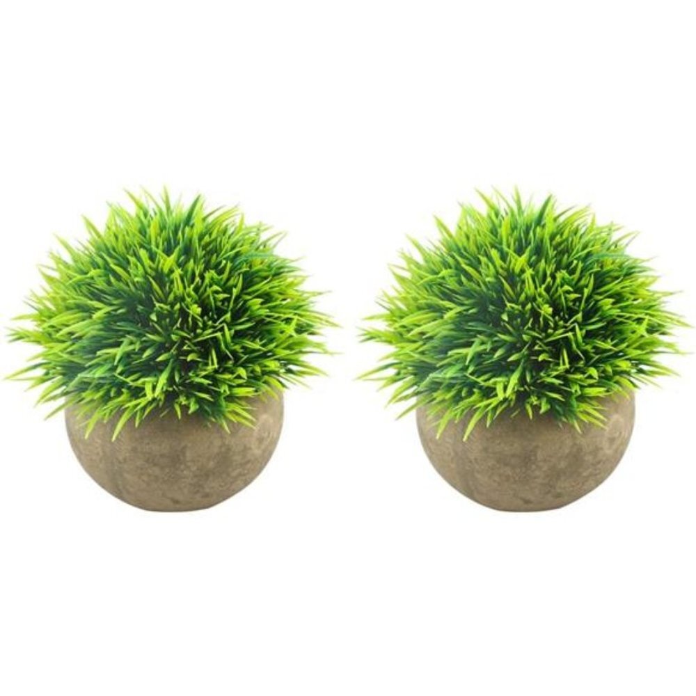 2 Mini Artificial Plants, Plastic Fake Green Grass Faux Greenery Topiary Shrubs